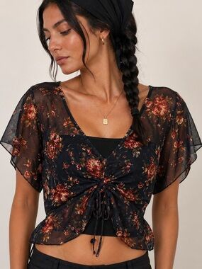 Decree Sheer Floral Tie Front Top Boho Cottagecore Size Medium